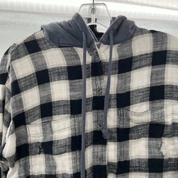 American Eagle Women's Plaid Cropped Jacket Hooded Button Up Distressed Small - Picture 2 of 9